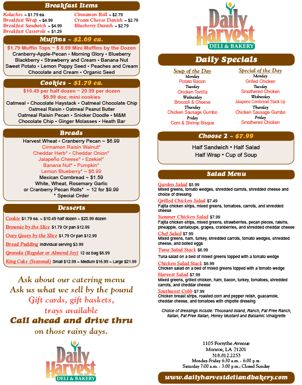 Daily Menu Daily Harvest Deli & Bakery